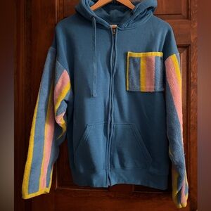 Upcycled soft blue hoodie with terry cloth towel sleeves